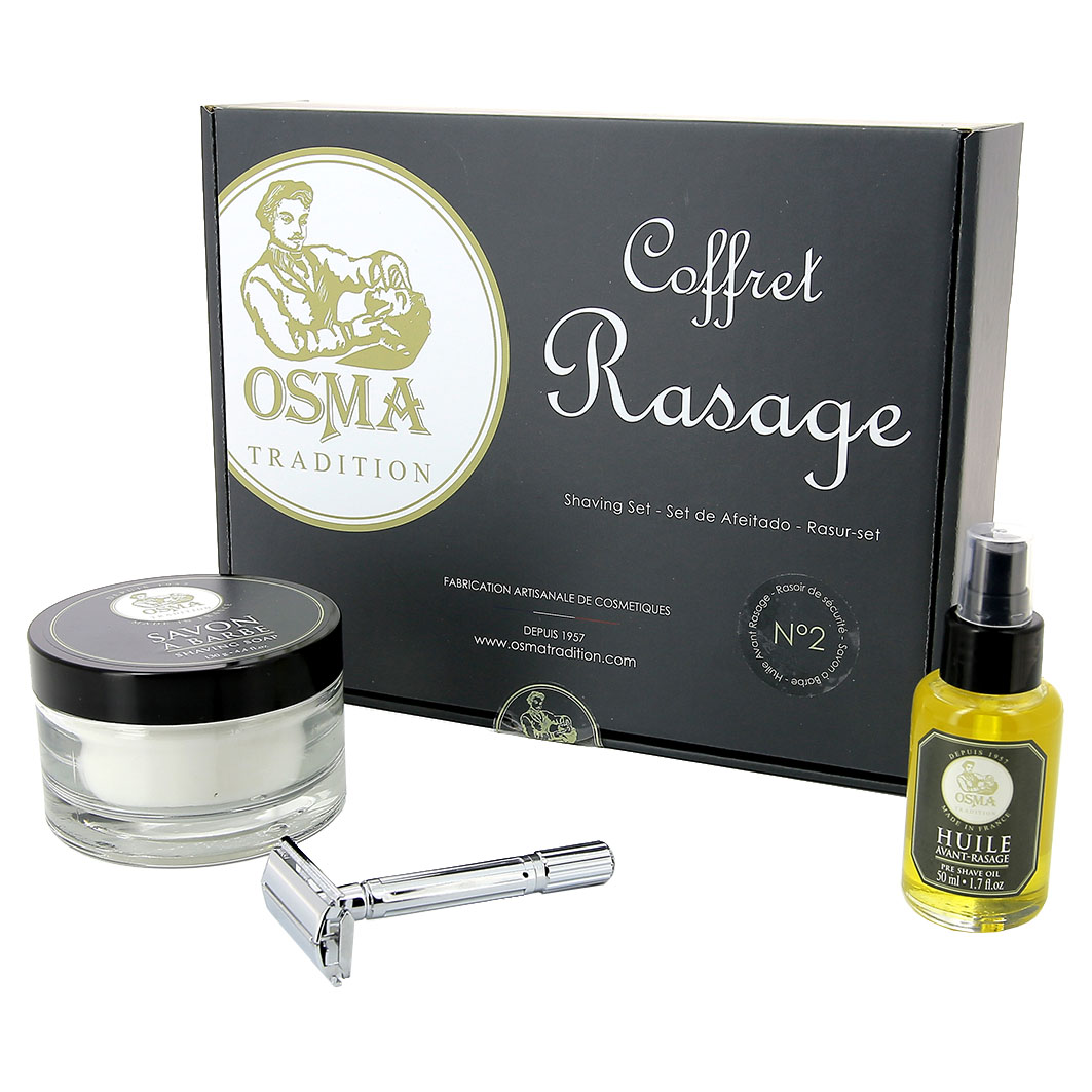 Osma Tradition Set bestehend aus Rasierseife 130g, Rasierer Classic, Preshave Öl 50ml