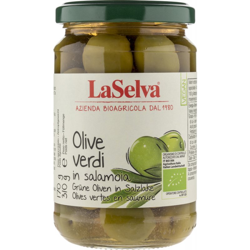 LaSelva Olive verdi Grüne Oliven in Salzlake bio 310 g ATG 170 g